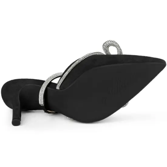 Perphy Pointed Toe Rhinestones Bow Stiletto Heel Slip on Mules for Women image {4}