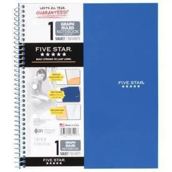 Five Star 1 Subject 100pg Graph Ruled Solid Spiral Notebook: Multicolor, 8.5x11", Flexible Cover, 3 Hole Punched image {8}