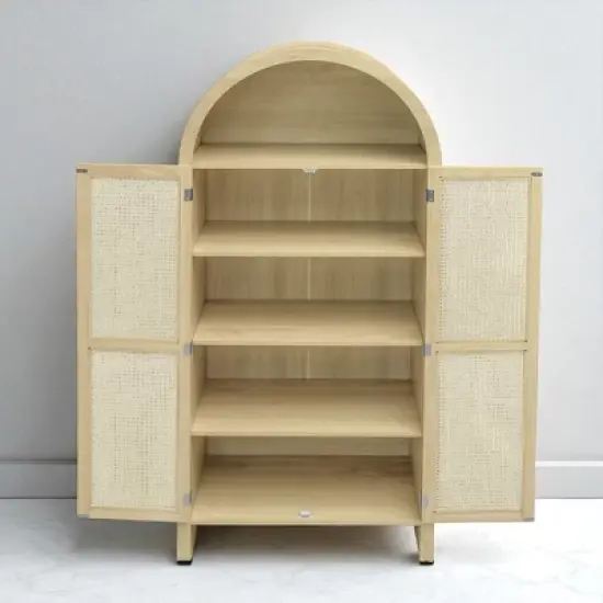 70" Arched Kitchen Pantry Cabinet with Rattan Doors and Adjustable Shelves, Freestanding Storage Display Cabinet for Kitchen, Dining Room image {2}