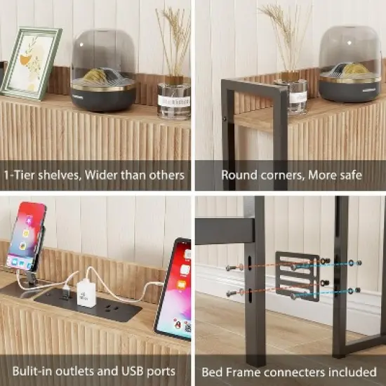 Boersma Twin Size Fluted Headboard with Outlets, Wall Mount Wood Headboard with Storage, Height Adjustable, Storage Rack, Sturdy and Stable image {3}