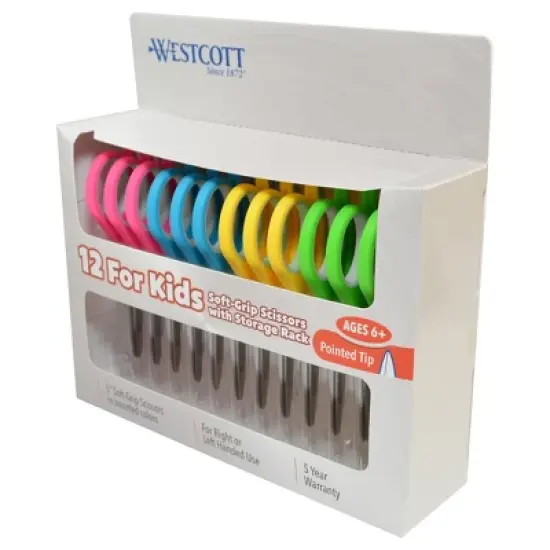 Westcott&reg; Soft Handle 5" Kids Scissors Classpack with Storage Rack, Pointed, Pack of 12 image {3}