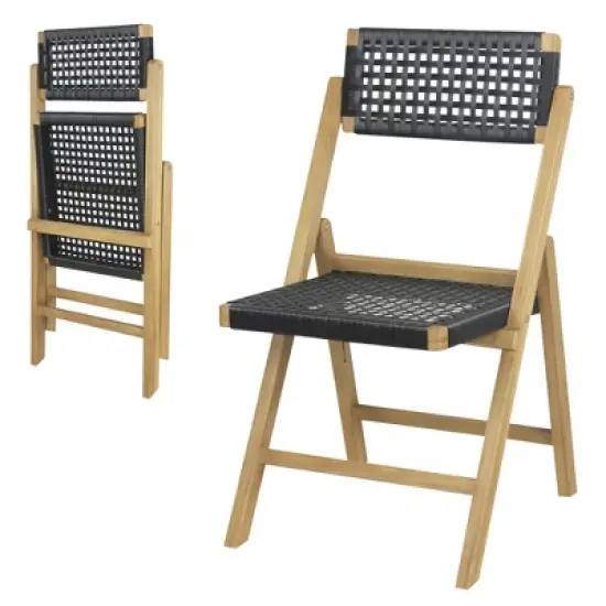 Tangkula 2PCS Folding Chairs w/ Woven Rope Seat & High Back Indonesia Teak Patio image {6}