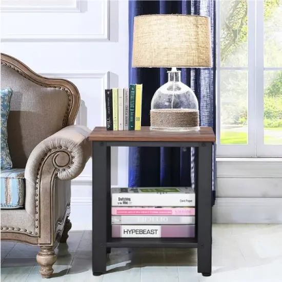 Tangkula 2 PCS Industrial Coffee End Table Bedside Nightstand W/ Shelf Black/Silver image {1}