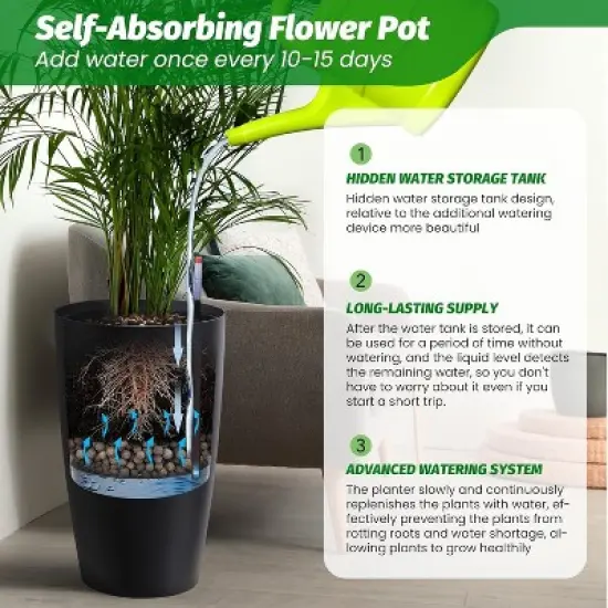 2PC Tall Round Tapered Planter, Indoor/Outdoor Self Watering Pots, Large Flower Pot Outdoor with Built-in Drainage and a Water Level for Home image {3}