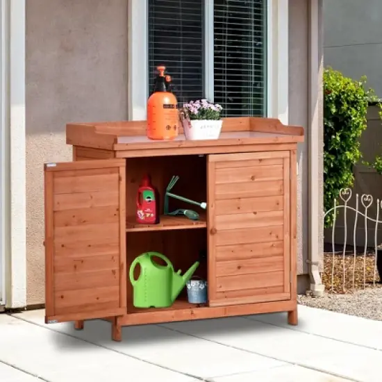 Cesicia Outdoor 39 x 19.1 x 37.4 inch Potting Bench Table,Storage Cabinet with 2-Tier Shelves and Side Hook, Orange image {14}