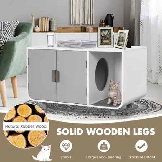 Costway Cat Litter Box Enclosure Furniture Hidden Cat Washroom with Rubber Wood Legs image {7}