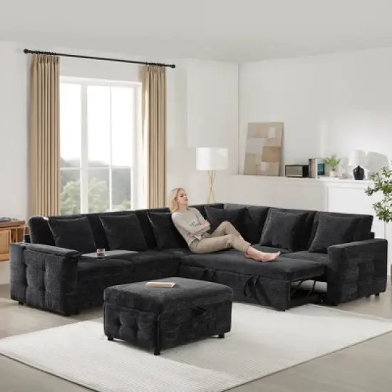 Whisen Chenille Sectional Pull-Out Sofa Bed with Flip-Up Table, Adjustable Reading Lamp, Charging Ports, Movable Storage Ottoman image {13}