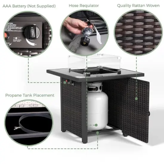 LOVSON 28" Propane Fire Pit Table,50,000 BTU Outdoor Gas Firepit with Rattan/Wicker Design, Tempered Glass Top & Wind Screen for Patio & Garden image {3}