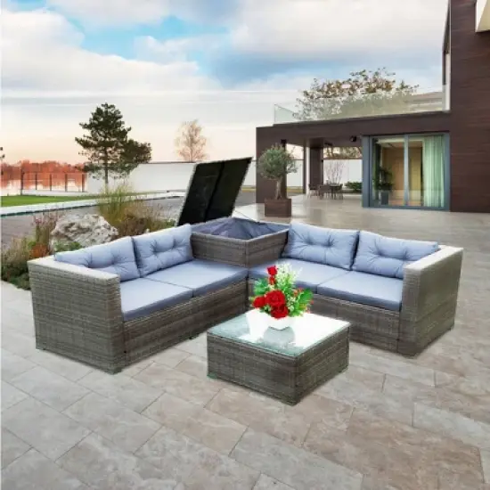 4pc Wicker Patio Conversation Seating Set with Thick Cushions - Gray - GODEER image {2}