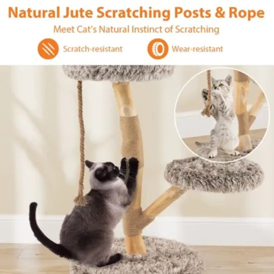 Tangkula Solid Wood Cat Tower Modern Cat Scratching Tree w/Luxurious Perch Teasing Rope image {5}