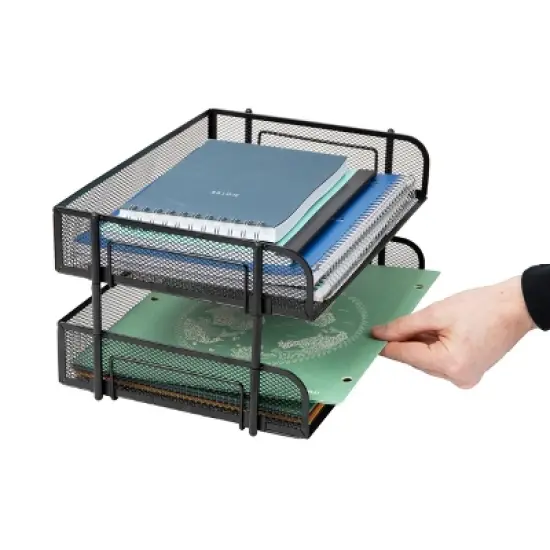 Mind Reader Stackable Paper Tray, Desktop Organizer, File Storage, Office, Metal Mesh, 13.5"L x 10"W x 7.25"H, 2pc., Black image {2}