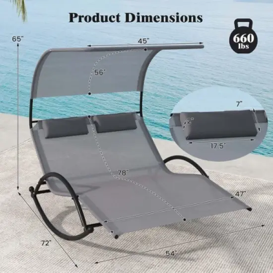Costway Outdoor Dual Rocker Sunbed 2-Person Canopied Lounger with 2 Detachable Headrests image {2}