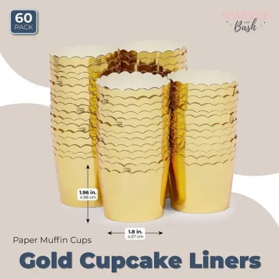 Sparkle and Bash 60 Pack Gold Baking Cups with Scalloped Edges for Cupcakes, Muffins, Wedding Table Decor, Birthday Treats, 1.96 x 1.8 In image {1}