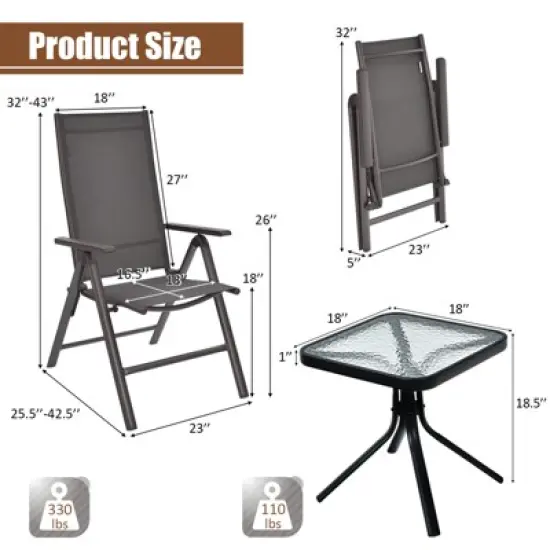 Costway 3PCS Bistro Set Folding Adjustable Chairs Square Glass Table Garden image {3}