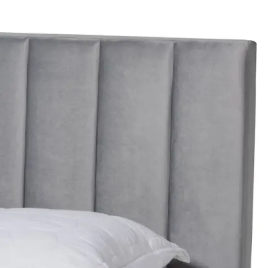 Clare Velvet Panel Bed with Tufted Headboard - Baxton Studio image {3}