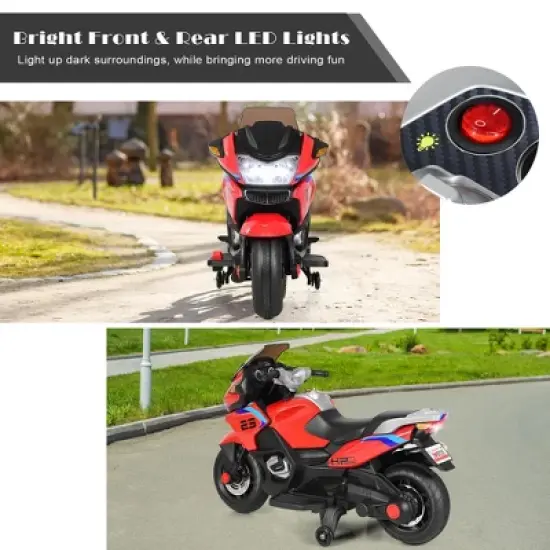 Costway 12V Kids Ride On Motorcycle Electric Motor Bike w/ Training Wheels & Light Red image {5}