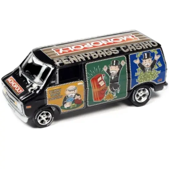 1976 Dodge Van Black "Pennybags Casino - Monopoly" with Dodge Van Monopoly Game Token 1/64 Diecast Model Car by Johnny Lightning image {1}