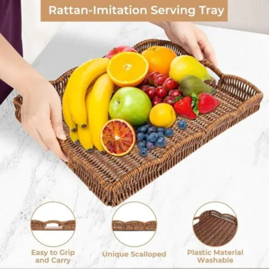 BRINJOY Scalloped Rectangular Woven Tray - Synthetic Rattan Coffee Table Tray with Handles image {4}