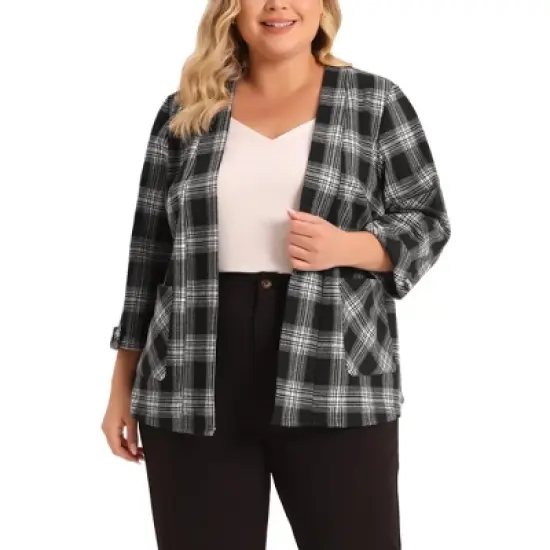 Agnes Orinda Women's Plus Size Plaid 3/4 Sleeves Work Office Blazers Jacket Suits image {5}