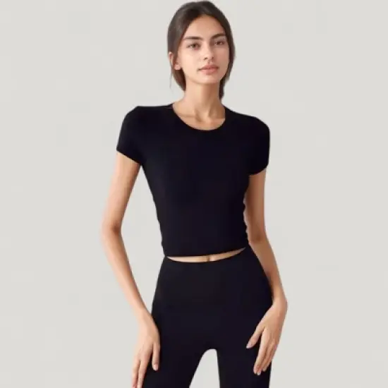 Anna-Kaci Active Women's Short Sleeve Open Back Crop Top with Twist Detail and Fitted Silhouette image {2}