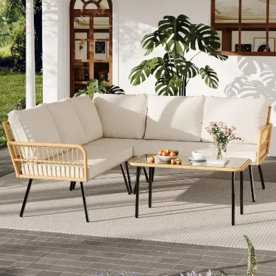 4 Pieces Outdoor Patio Furniture Set, All-Weather Wicker Rattan Sectional L-Shaped Set with Glass Top Coffee Table & Cushioned Chairs image {5}