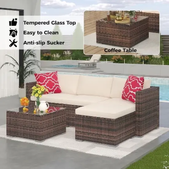 Garvee 5 Pieces Patio Furniture Set - Rattan Outdoor Sofa Set with Cushions, Wicker Sectional with Glass Coffee Table & Ottoman image {2}