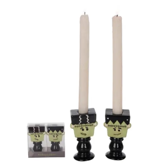 Transpac Dolomite Frankenstein Candle Holders Set of 2 Multicolor Ceramic Halloween Decor for Tabletop and Mantel image {1}