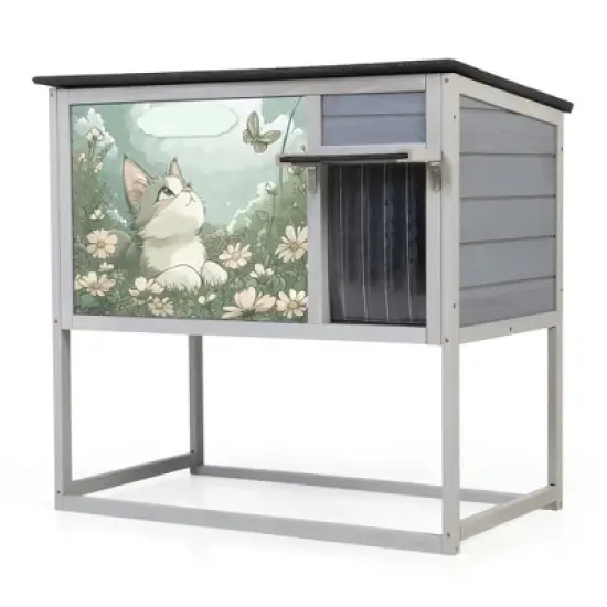 Resenkos Elevated Cat Shelter, Weatherproof Feral Home With High Legs, Curtained & Escape Door, Openable Top, Gray image {6}