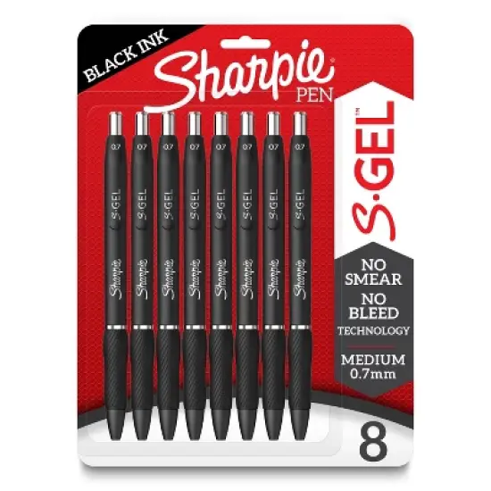 Sharpie 8pk S-Gel Pens Black 0.7mm Medium Tip Black Ink: School Supplies, Retractable, Contoured Rubber Grip, Pocket Clip image {11}