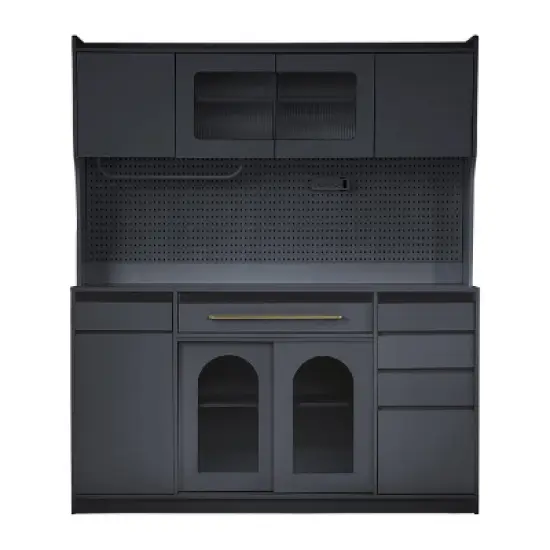 63'' Freestanding Kitchen Storage Cabinet Sideboard with Hutch, MDF Pantry Cabinet with Drawers and Adjustable Shelves, Power - The Pop Home image {1}