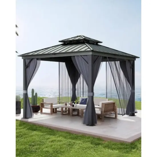 Hardtop Gazebo  for All Weather, with Double Metal Roof, Aluminum Alloy Frame, Net, and Curtain, Permanent Building for Patio, Deck, Backyard, Lawn image {1}
