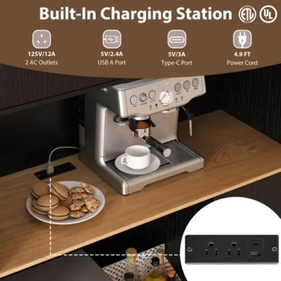 Costway 71" Tall Kitchen Pantry Cabinet with Charging Station Microwave Stand & Doors Black/White image {5}