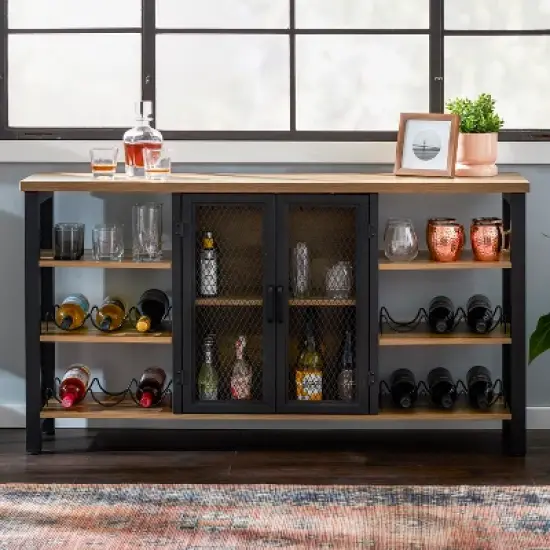Jomeed Modern Industrial Farmhouse Metal Frame Wooden Buffet Coffee Entertainment Cabinet with Removable Wine Bottle and Stemware Racks image {4}