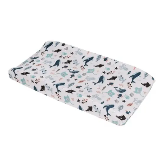 NoJo Explore Dream Discover Light Blue, Navy, Gray, and Coral Super Soft Contoured Changing Pad Cover image {3}
