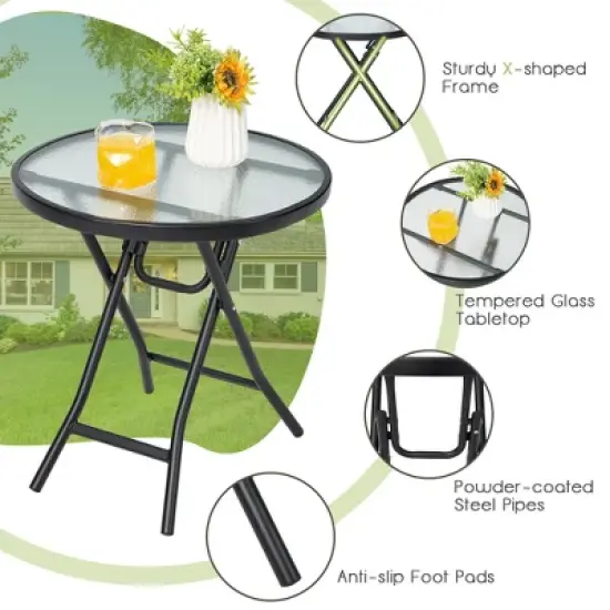 Costway Patio Folding Round Glass Side Table Bistro Coffee Table Plant Stand image {5}