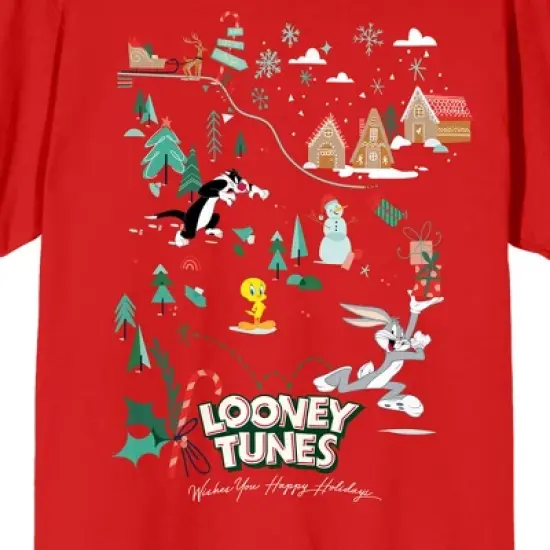 Looney Tunes Winter Land Scene Women's Red Graphic Tee image {1}