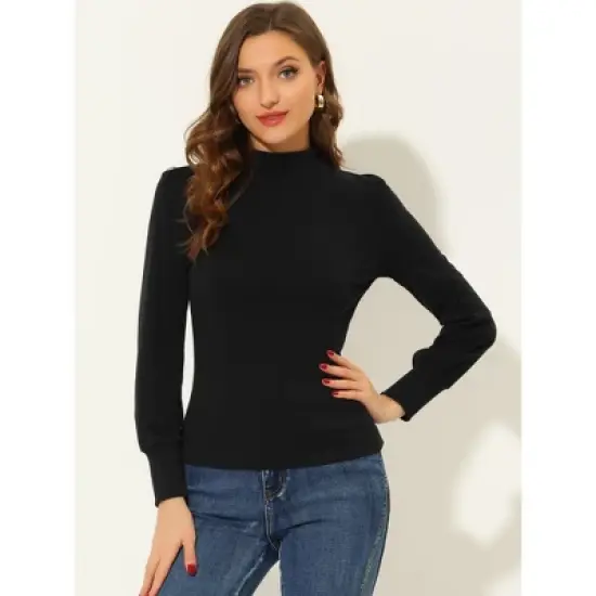 Allegra K Women's Mock Neck Puff Long Sleeve Slim Fit Knit Blouse image {1}