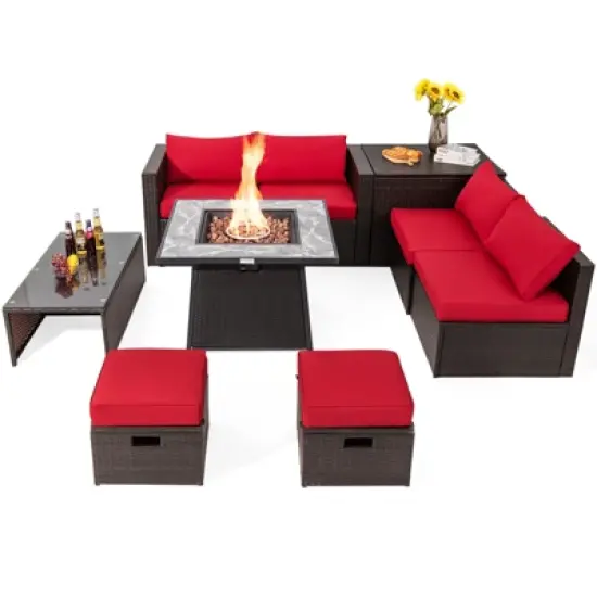 Tangkula 9 Pieces Outdoor Patio Furniture Set with 35" Propane Fire Pit Table Wicker Sectional Sofa Set w/ Storage Box Black/Gray/Navy/Red/Turquoise/Off White image {14}