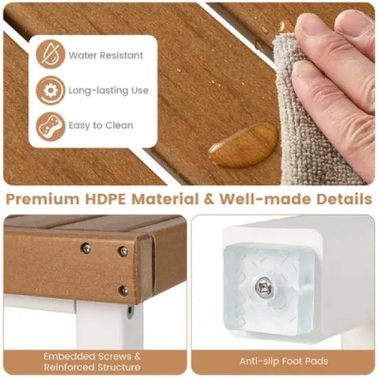 Costway 24'' x 12'' Heavy Duty Waterproof HDPE Shower Bench Stool with Storage Shelf Off White & Brown image {5}