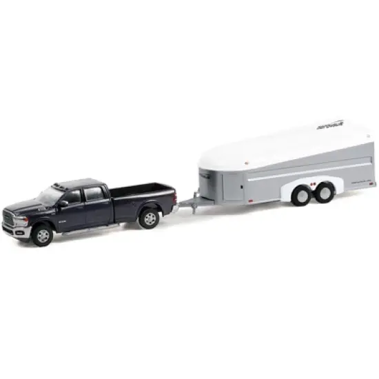 2021 Ram 3500 Laramie Crew Cab Truck Maximum Steel Blue Met. w/Aerovault MKII Trailer 1/64 Diecast Model Car by Greenlight image {1}