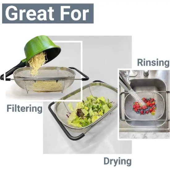 Over the Sink Colander Strainer Basket Stainless Steel, For Kitchen Sink with Rubber Grip, Fine Mesh, Large Kitchen Gadgets Tools image {3}