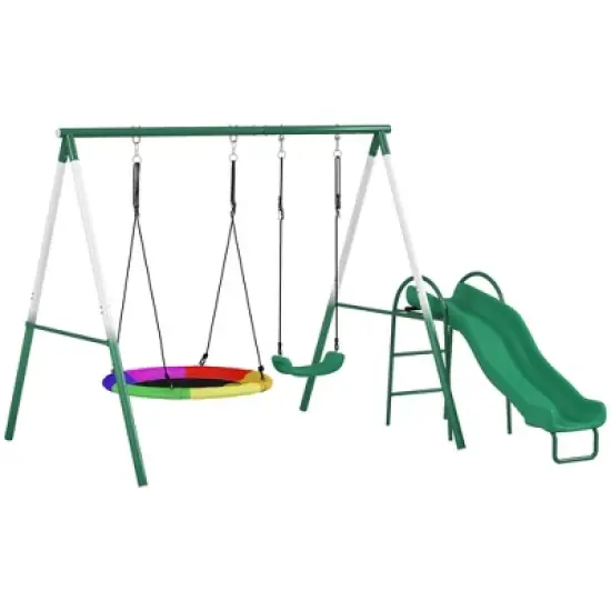 Qaba Metal Swing Set with Slide, Heavy Duty Swing Set with Saucer Swing Seat, Heavy Duty A-Frame Metal Stand for Kids Ages 3-8, Dark Green image {6}