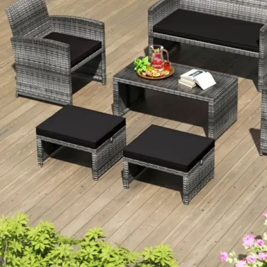 Tangkula 2 Pieces Patio PE Rattan Ottomans with Soft Zippered Cushions for Deck Frame image {2}