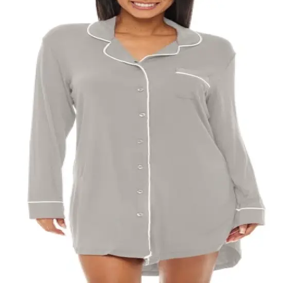 Womens Soft Knit Pajama Nightgown, Boyfriend Style Long Sleeve Sleep Shirt image {11}