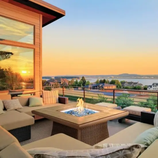 Kinger Home 42-inch Propane Fire Pit Table with Tile Tabletop, 50,000 BTU CSA Certified, Rattan Wricker Aluminum Frame, Accessories Included, Brown image {1}