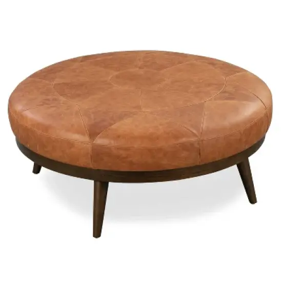 Poly & Bark Gio Italian Leather Ottoman Cognac Tan: Upholstered Padded Seat, Wood Frame, Oval Shape, 17" Height image {6}