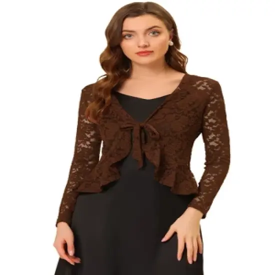 Allegra K Women's Tie Front Crop Cardigan Ruffled Hem Floral Lace Sheer Shrug Top image {10}