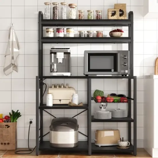 Bakers Rack with Power Outlet, 5-Tier Microwave Stand with Wire Basket, Coffee Bar Station, Kitchen Open Storage Shelves for Spices, Dishes image {8}