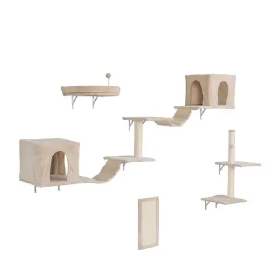 DOMETOUR Wall-mounted Cat Tree with 2 Cat Condos House, 3 Cat Wall Shelves, 2 Ladder, 1 Cat Perch, Sisal Cat Scratching Posts and Pad image {2}