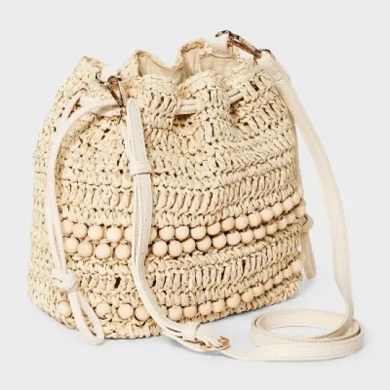 Straw Beaded Drawstring Crossbody Bag - Universal Thread&trade; Light Beige: Knit Paper Straw, Unstructured image {2}